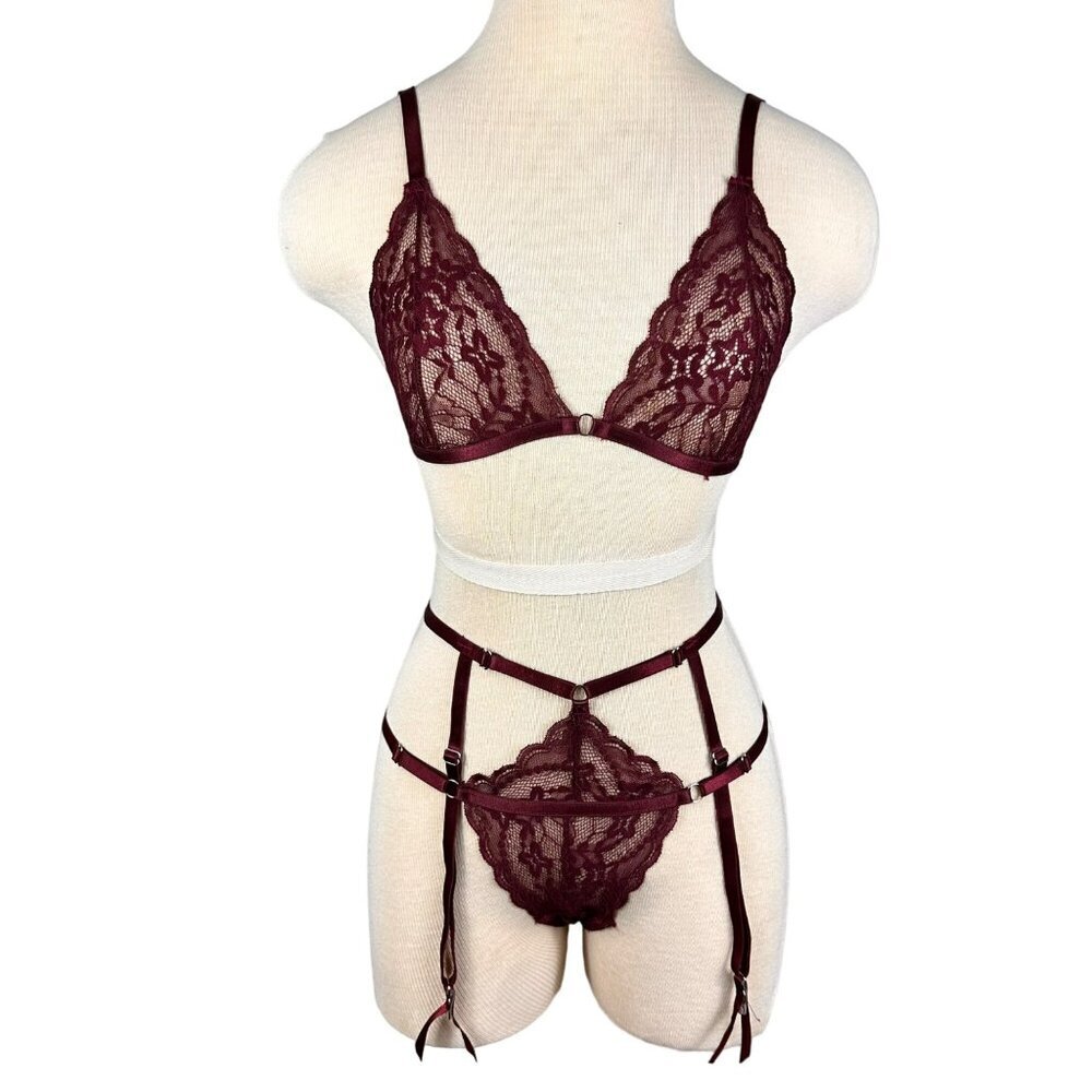 Oh La La Cherri Sexy Burgundy Lace Bralette,Panty & Garter Belt 3 Piece Lingerie - Picture 2 of 13
